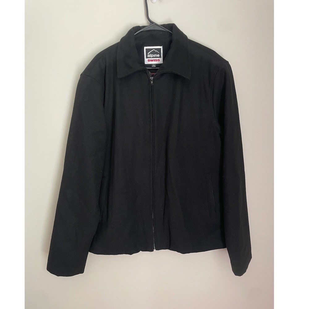 Alpine Swiss Men L Black Wool Blend Jacket Full Zip Collared Coat‎ Classic Clean